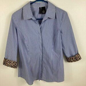 Womens New Directions Striped Leopard Shirt Blue White‎ M